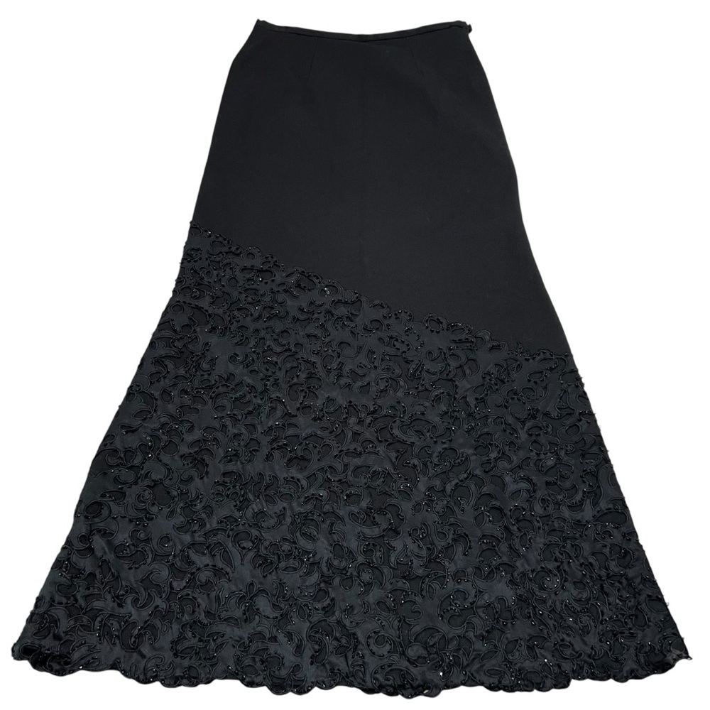 VIE Victoria Royal Black Maxi Skirt Beaded Lace Embroidered Overlay Sz 10